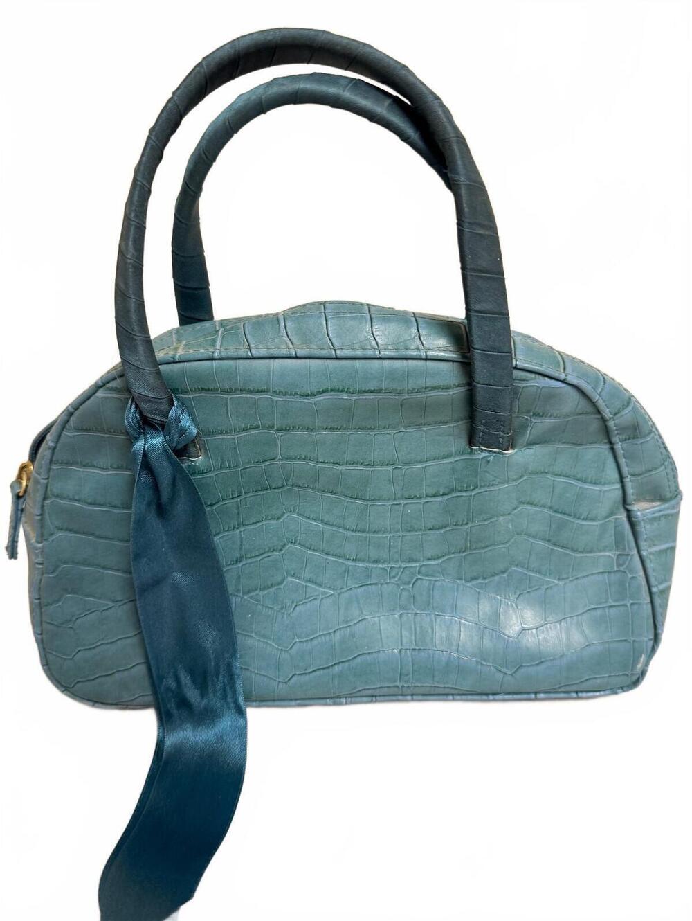 Victoria's Secret Teal Croc Embossed Mini Satchel Handbag with Ribbon